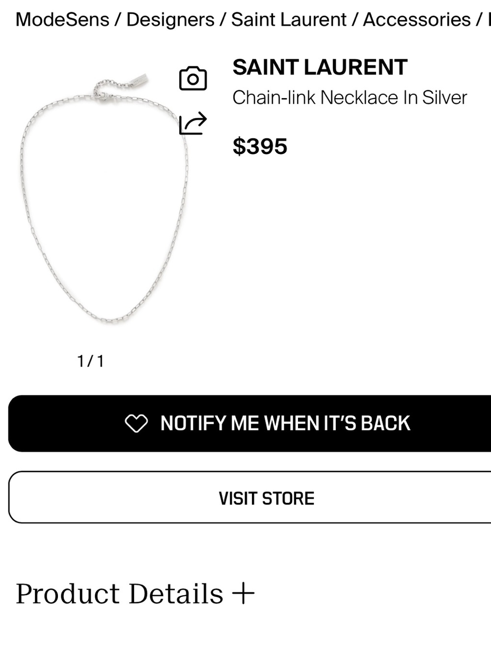 Saint Larent Rectangular Paperclip Chain Necklace in Argent Oxyde (Unisex) - Picture 4 of 9